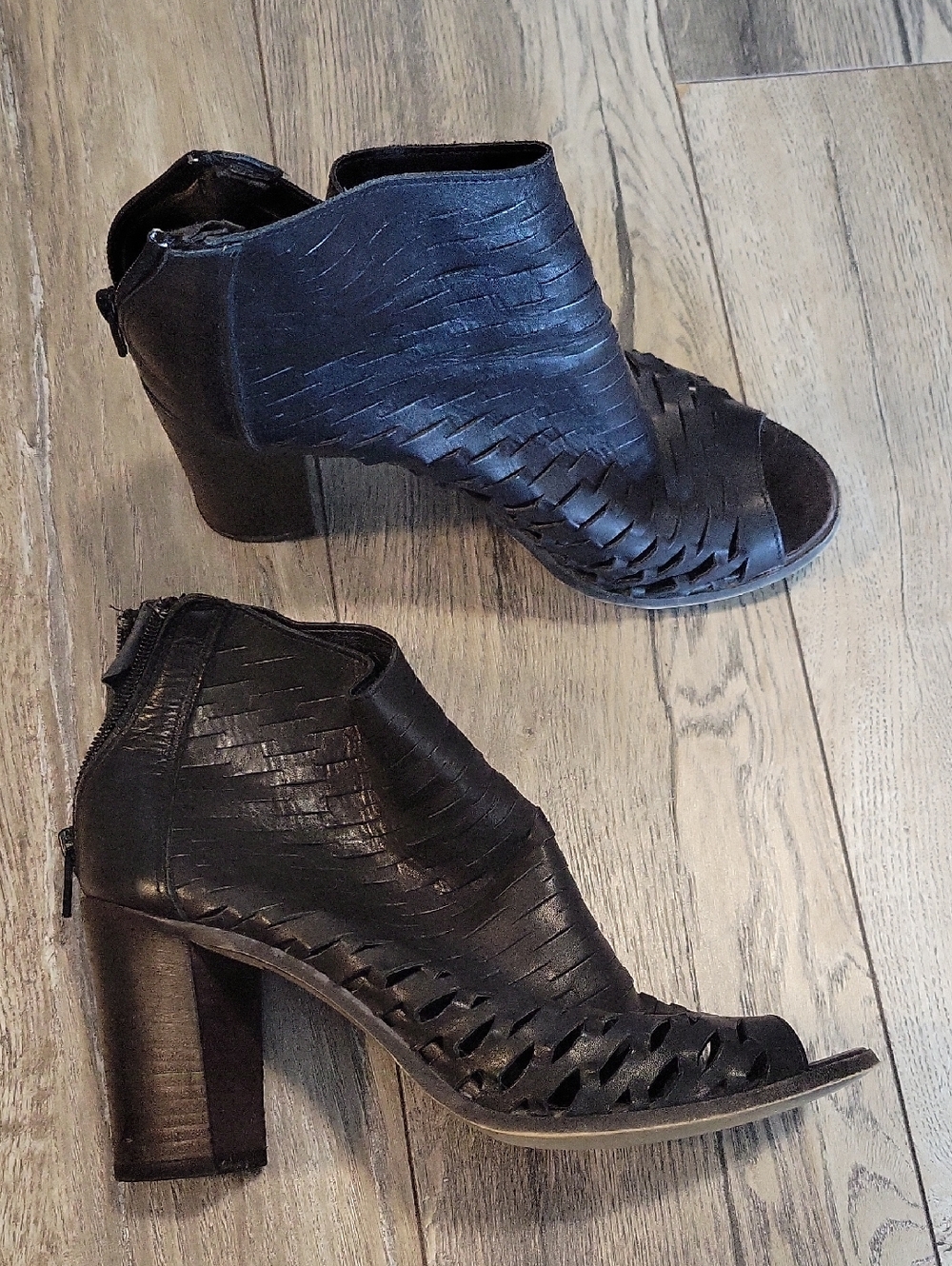 Woven Peep-Toe Block Heel Ankle Boots - Black